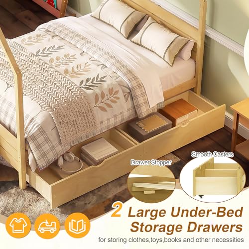 Image of Full Size House-Shape Platform Bed with Headboard and 2 Storage Drawers, Montessori Wood Bed Frame with Roof and Chimney Design, No Box Spring Needed, Easy Assembly (Natural-06, Full)
