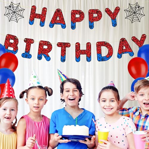 Image of Pre-Strung Glitter Spider Themed Birthday Decorations, NO DIY Spider Happy Birthday Banner, Cool Party Supplies for Boys