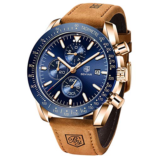 BENYAR Men's Big face Bezel Design Multi-Function Chronograph, Casual Fashion Business Stainless Steel Watch (Gold Blue)