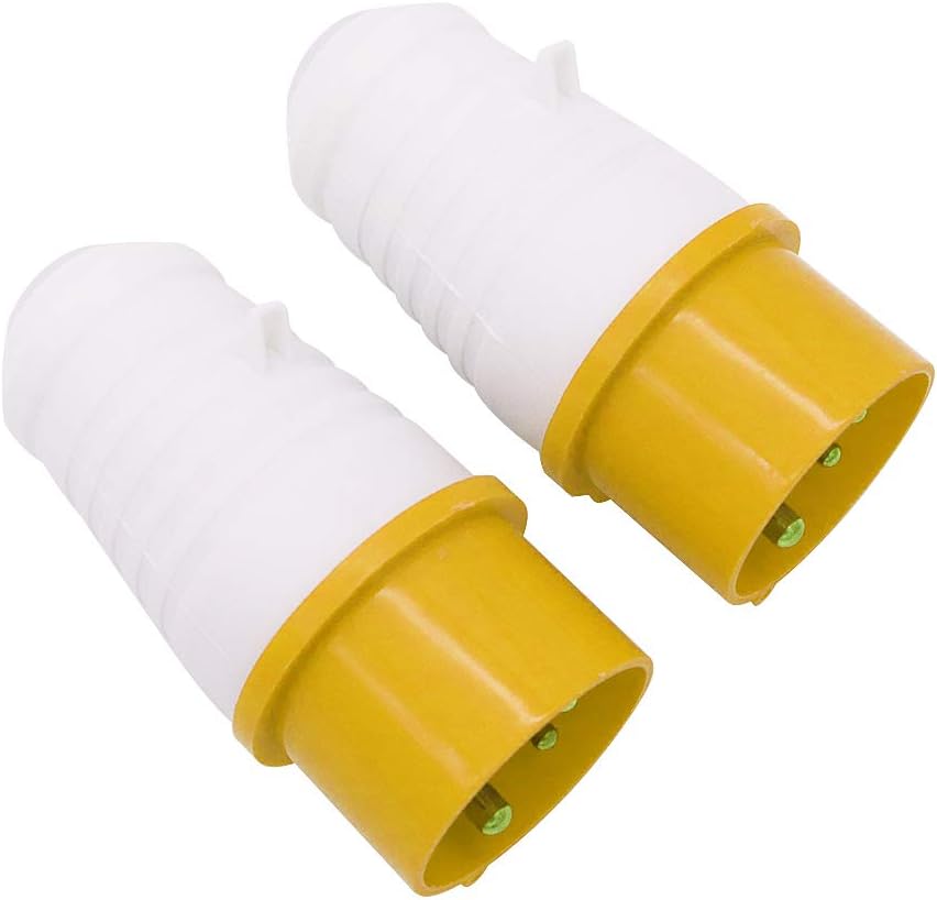 POFET 2Pcs Power Plus 3 Pin Plugs 110-130 Volt Shock Resistant for Construction Site and Industrial Use - Yellow