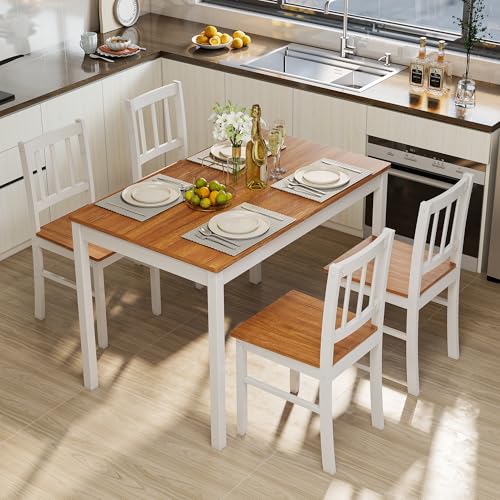 Buytime 5-Piece Dining Table Set for 4, Solid Wood Farmhouse Rectangular Kitchen Table Set with 4 Chairs, Space-Saving Wooden Dinette Set for Small Space, Dining Room, Breakfast Nook, Brown & White
