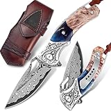 VNLA Damascus Folding Pocket Knife,Forged Damascus Steel Blade,New material handle made of resin and maple leaf.with leather case,Pocket Clip,Suitable for Hiking carry EDC