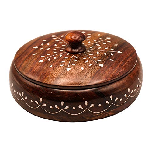 Image of Naayaab Craft Pakka Sheesham Wooden Masala Box 7 Part - Anjarai Petti - Round Design -(19X19X5) Cm, Brown