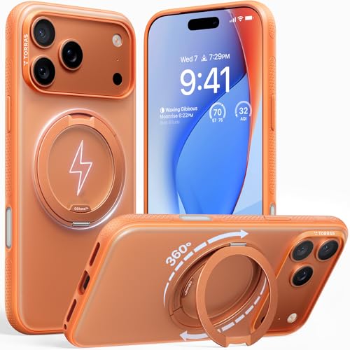 TORRAS iPhone 17 Pro 用ケース 【カチカチ・多機能360度回転スタンド】リング Ostand O3 Fitness MagSafe対応 米軍MIL規格耐衝撃 スタンド 指紋防止 黄変防止 カメラコントロールボタン付き ストラップホール 半透明 撮影/動画視聴/日常の記録 手のひらサイズの映像革命 オレンジ色