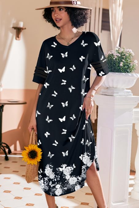 Image of Ekouaer Long Nightgown, Womens V Neck Loungewear Oversized Sleepwear Loose Sleep Dress S-4XL