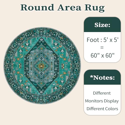 SERISSA Boho Round Area Rug, 5ft Washable Non-Slip Circle Rug, Ultra Soft Oriental Vintage Teal Low-Pile Circular Carpet for Bedroom Entryway Kids Room Office College Dorm Living Room