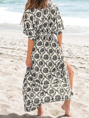 Image of CUPSHE Women's Summer Boho Maxi Dress Paisley Floral V Neck Smocked Dress Beach Vacation Slit Hem Flowy Dress with Pockets
