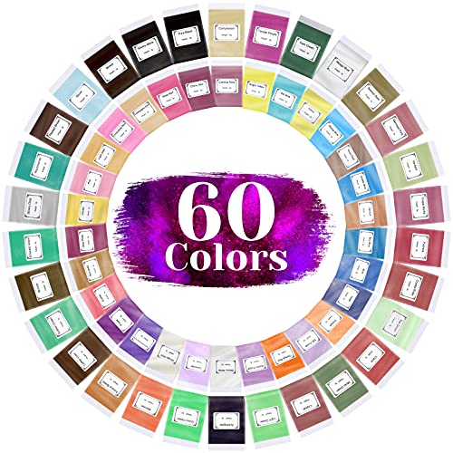 Mica Powder ,60 Colors Mica Powder Epoxy Set Resin Pigment Powder, Natural Pearlescent Color for Soap Making, Epoxy Resin Dye, Slime Pigment, Nail Polish, Cosmetic Pigment Powder, Paint Powder Set