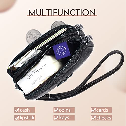 Imeetu Women Leather Coin Purse, Small 2 Zippered Change Pouch Wallet(Black, Wrist Strap) #TOP1