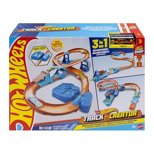 Hot Wheels Spielzeugauto Streckenset Deluxe-Bauset mit motorisiertem Beschleuniger Fahrzeug im Maßstab 1:64 Track-Schnellstecksystem Beschleuniger-Sprung-Schnellstrecke JDB49