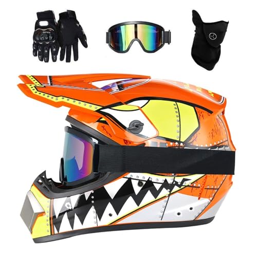 Gioventù Bambini Casco da Motocross, con Occhiali Guanti Maschera, Unisex Integrale Fuori Strada Strada Corsa Moto Caschi, Discesa Enduro BMX MTB ATV Quad Dirt Bikes Casco(Orange,S/52-53CM)
