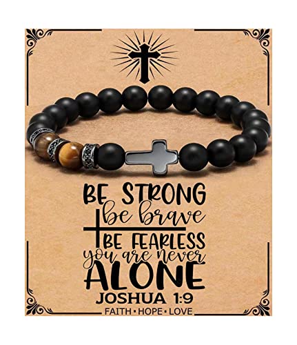 QWNHONEY Cross Bracelet for Men Son Brother Baptism Communion Birthday Anniversary Christmas Christian Black Tiger Eyes Bead