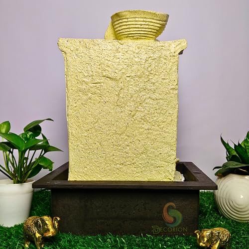 Image of Decorative Table Top Water Fountain for Home Decor /Office /Indoor & Outdoor /Garden /Puja Room /Vaastu with Multicolor LED Light and Adjustable Water Pump (Yellow-D-033)