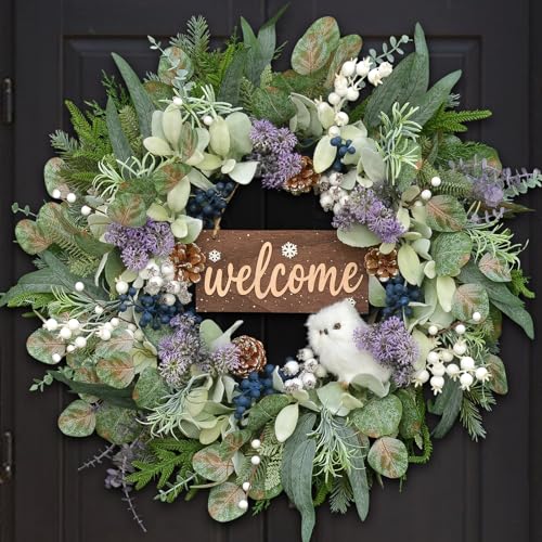 24" Natural Winter Wreath with Owl & Welcome Sign, Farmhouse