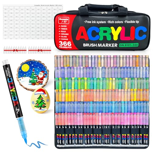 Image of Guangna 366 Acrylic Paint Markers, Brush Tip Acrylic Paint Pens, Quick-Drying Waterproof Ink, for Rock Painting Plastic Wood Canvas Glass Ceramic Metal Art Crafts Supplies Gift