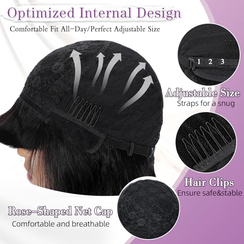 Image of ZHENGON Bob Wig with Bangs Human Hair Wig Silky Straight Glueless Wigs Human Hair Ready to Wear and Go for Beginners 14Inch