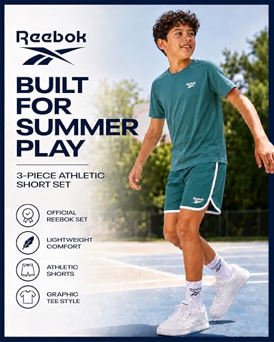 Image of Reebok Boys Athletic Shorts Set - 3 Piece Summer Clothes Outfit with Graphic Tees and Boys Running Shorts for Active Kids