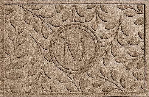 Bungalow Flooring Monogrammed Waterhog Door Mat, 2' x 3', Made in USA, Customizable, Skid Resistant, Indoor/Outdoor, Water-Trapping, Brittney Leaf Collection, Khaki/Camel