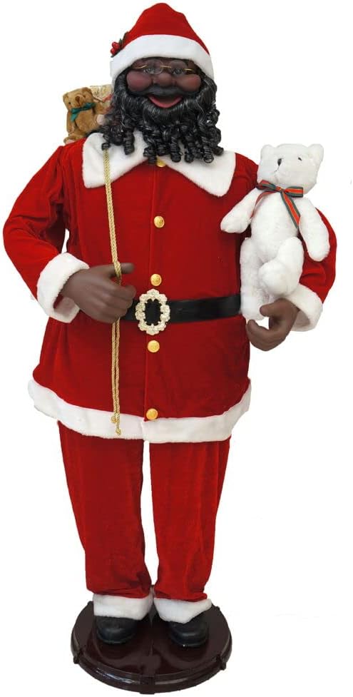 Fraser Hill Farm 58-in. African American Dancing Santa with Toy Sack and Teddy Bear | Indoor Animated Holiday Home Decor | Motion-Activated Christmas Animatronic | FSC058-2RD6-AA, Red 58in Aa Santa With Toy Sack and Teddy Bear