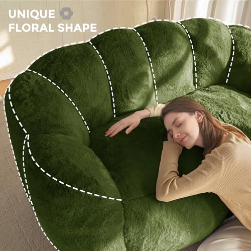 Image of MAXYOYO Bean Bag Chair for Adults, Loveseat Floral Shaped Bean Bag Sofa, Ultra Soft Love Seat Mini Sofa Couch, Faux Fur Reading Chair for Living Room Bedroom, Green