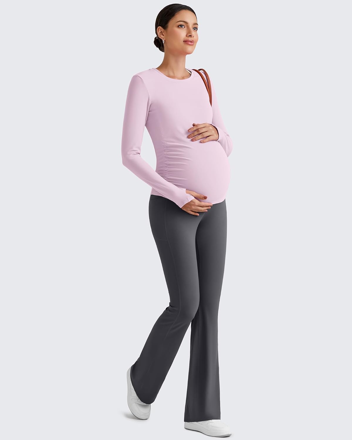 G4Free BareFeel Maternity Long Sleeve T Shirts Crewneck Ruches Pregnancy Workout Tops with Thumbholes Altheltic Yoga Tee - Image 2