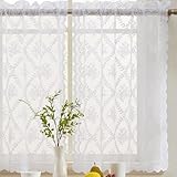 HLC.ME Isabella Floral Rod Pocket Lace Semi Sheer Voile Short Cafe Tiers for Small Windows - 28 x 24 Inch Length (White Tiers, Set of 2)