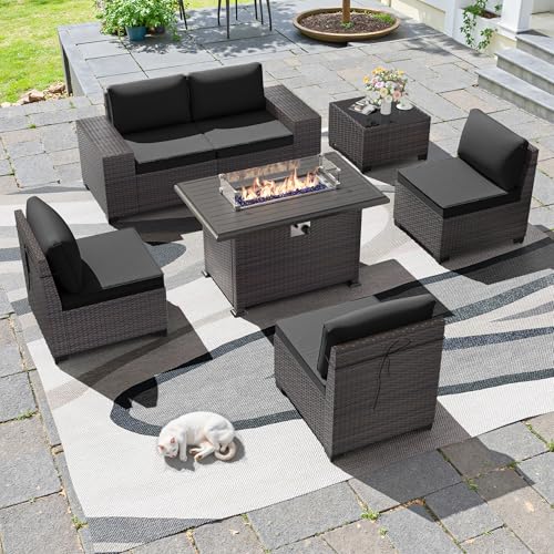 Image of 7 PCS Outdoor Patio Furniture Set,Outdoor Sectional Furniture with 43 inch 55000 BTU Gas Propane Fire Pit Table,All Weather PE Rattan Wicker Patio Conversation Set,Black