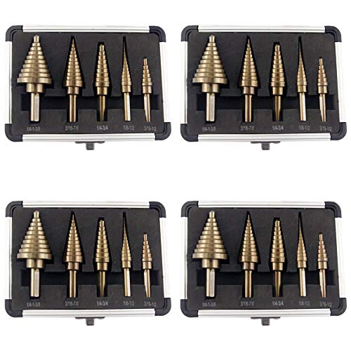 CO-Z HSS 5PCS Titanium Step Drill Bit Set, 50 Sizes in 5 High Speed Steel Drill Bits Set for Sheet Metal with Aluminum Case, Multiple Hole Stepped Up Bits for DIY Lovers, 4 Sets