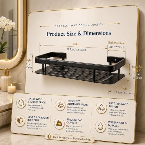 Image of Pack of 2 Self-Adhesive Aluminum Bathroom Shelves Mounted Without Drill for Wall | Space-Saving Storage Organizer Racks for Bathroom and Kitchen Accessories | Stylish Wall Stand for Home
