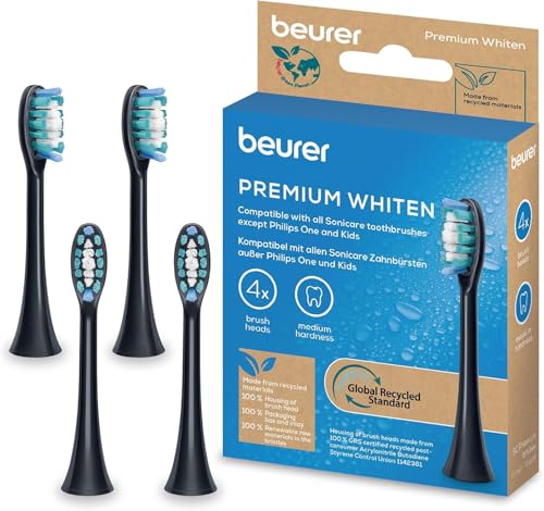 Beurer SC Premium Whiten Testine di Ricambio per Spazzolino Elettrico, 4 Pezzi, Compatibili con Philips Sonicare (escl. One & Kids), Durezza Media, Setole Indicatrici, Rimozione del Tartaro