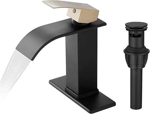 Homevacious Grifo de baño de un solo agujero negro mate moderno cascada grifos de acero inoxidable para lavabo de baño tocador con drenaje