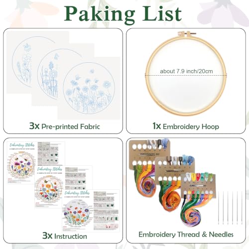 Image of Louise Maelys 3 Pack Floral Embroidery Kit for Beginners, Garden DIY