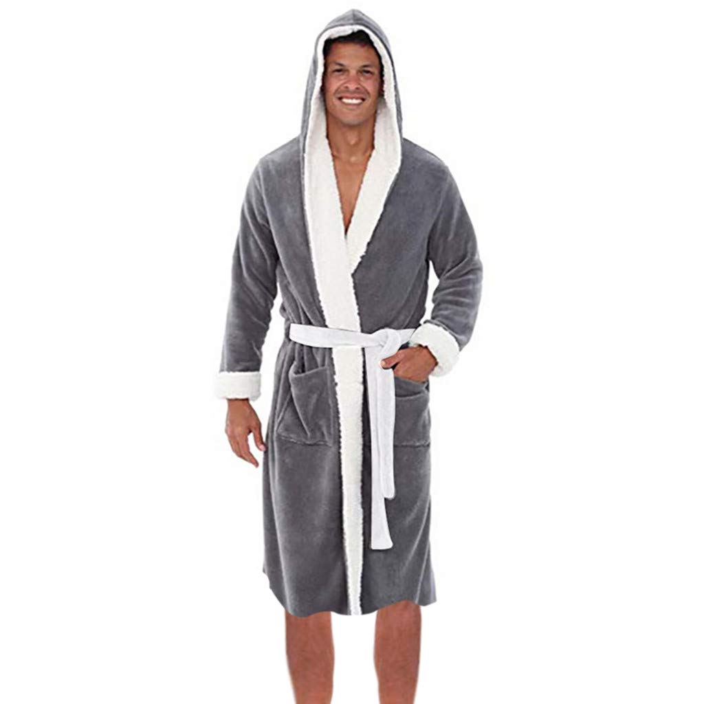 Winter Dressing Gown For Men Fleece Hooded Nightwear Long Plush
