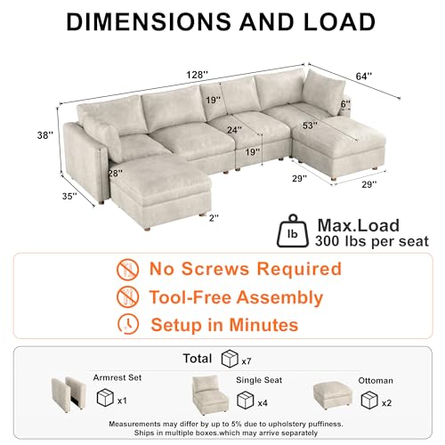 Image of 128'' Faux Leather Modular Sectional Sofa with Storage, Oversized Mid Century Modern Leather Sectional Couche for Living Room, 4 Seater Deep Seat Couch with 2 Storage Ottoman, U-Shaped, Beige