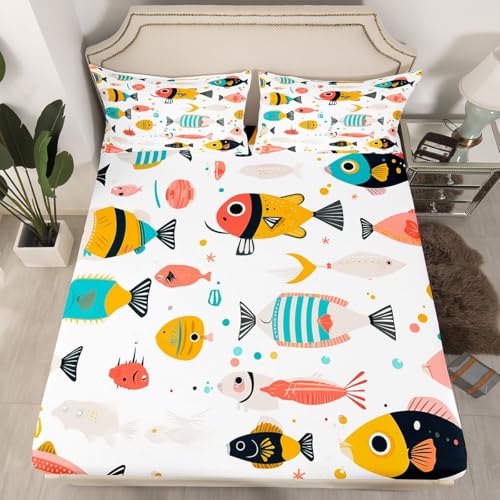 Image of jejeloiu Fish Bed Sheets Set Full Size Ocean Sea Animal Deep Pocket Fitted Sheet Colorful Bedding Sets Marine Theme Soft Bed Set 4Pcs with 2 Pillow Cases