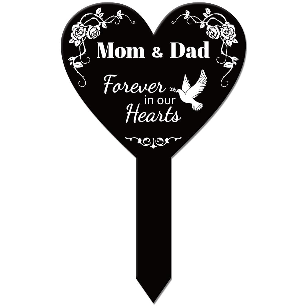 GLOBLELAND Heart Shaped Mom and Dad Garden Stake Memorial Remembrance Plaque Stake for Cemetery Acrylic Grave Stake Waterproof Sympathy Garden Stake for Yard Grave Cemetery