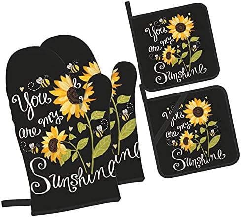 Sunflower You are My Sunshine Oven Mitts and Pot Holders Sets 4 Pcs Set, Heat Resistant Soft Cotton Lining with Non-Slip Surface Oven Gloves for Kitchen Cooking Baking BBQ