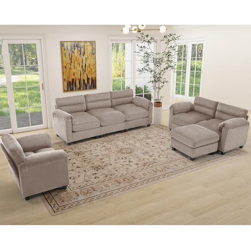 HAOMARKETS Corduroy Sofa Set,Upholstered Loveseat, and 3-Seater Couch with Plush Cushions and Rolled Arms, Modern Living Room Furniture Sets,Brown