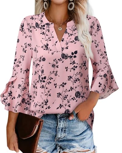 Gaharu Women's Work Blouses Ruffle 3/4 Sleeve Dressy Top V Neck Casual Chiffon Tunic Blouses Business Shirts, Floral Pink, X-Large