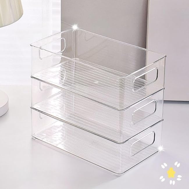 Clear Plastic Long Storage Bin Stackable Organizer for Pantry,Desk Kitchen