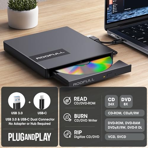 Image of ROOFULL External CD DVD Drive with 4* USB Ports and 2* SD /TF Card Slot for Laptop, USB 3.0 Type-C CD-R /RW /ROM Reader Writer Burner DVD Player Disc Drive for PC Mac Windows 11 /10 MacBook Linux Computer