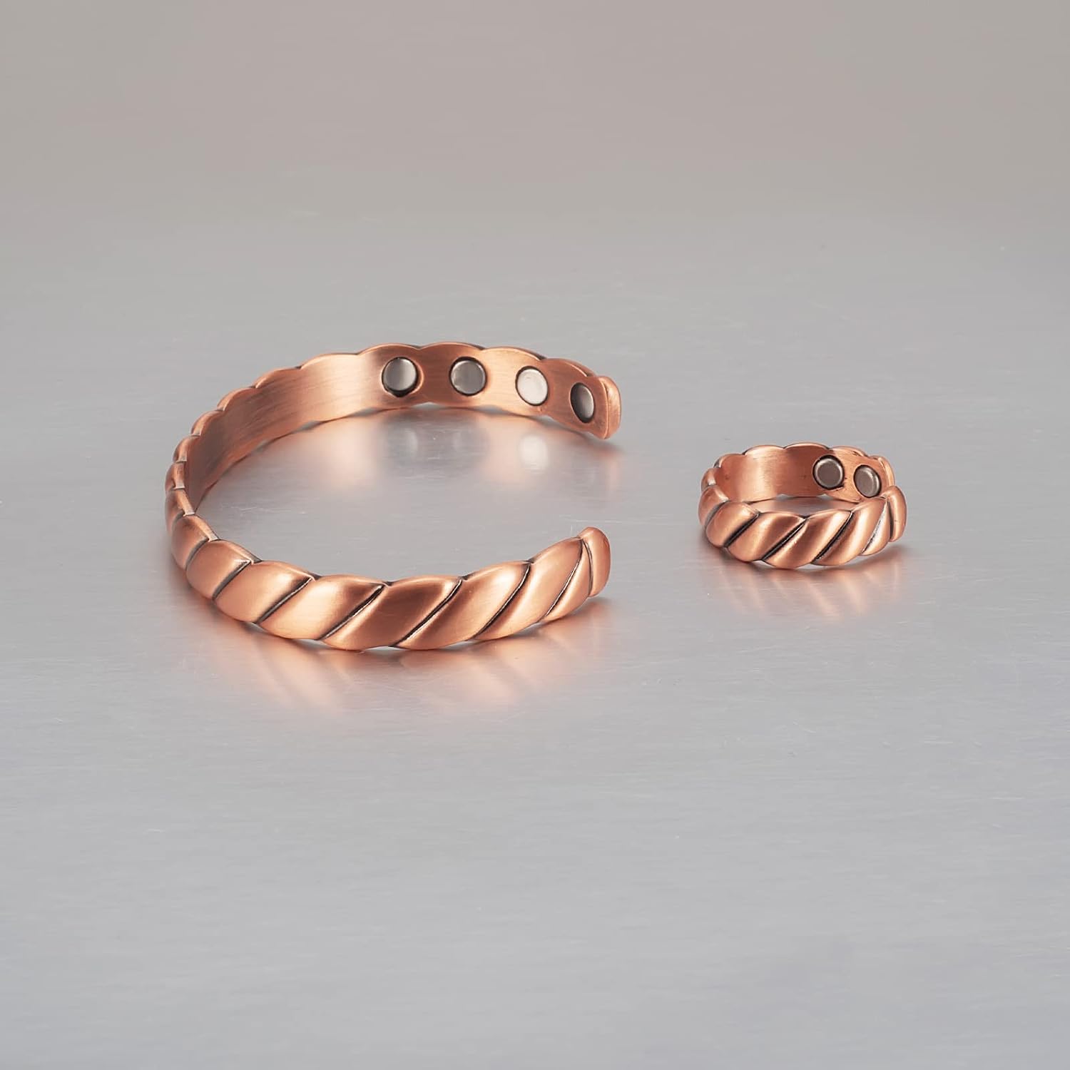 Copper Bracelets for Women, Pure Copper Set Adjustable Magnetic Bracelet Ring, Copper Jewelry Gifts（0045c Set）