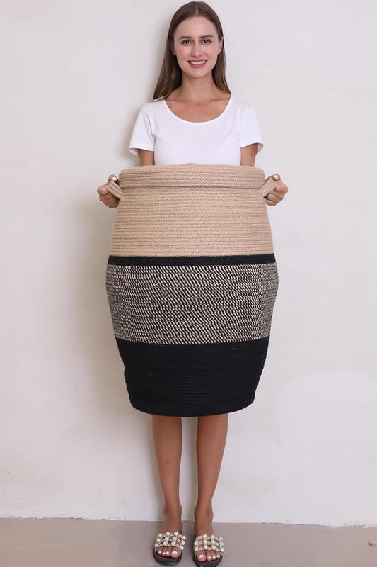 Image of Storage Cotton Rope Basket and Laundry Hamper for Dirty Clothes, Towels, Blankets, Pillows Storage in Living Room, Laundry Room and Bedroom (Beige Black With Lid, 14x16 Inch)