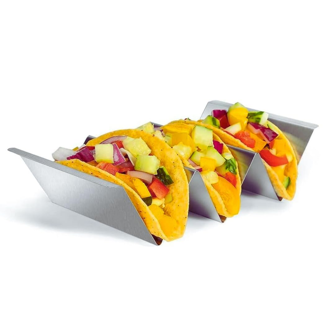 Shoppers Hub PNQ 3 Grid Stainless Steel Taco Holder | Taco Shell Rack & Serving Tray Stand | Multipurpose Taco Serveware Platter for Frankie, Sandwich, Hotdog, Rolls & Starters. (No of Slots: 3)