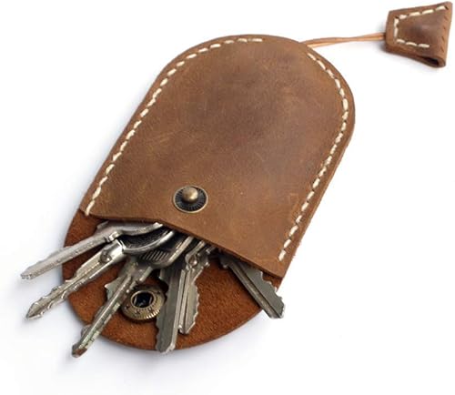 Funda de cuero hecha a mano con cordón para llaves ovalada con cierre de botón a presión seguro para llaves de coche, llaves de casa Marrón
