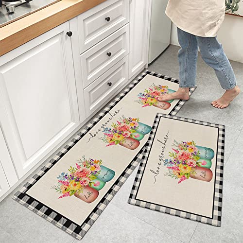 Kitchen Mat Rug Set Soft Cushioned Comfort Runner Rug Carpet Hello Spring Romantic Tulip Petals Fresh Plant Vase Art Black Plaid 2 Piece Non-Slip Indoor Standing Desk Mat Area Carpet Floor Mats #TOP24