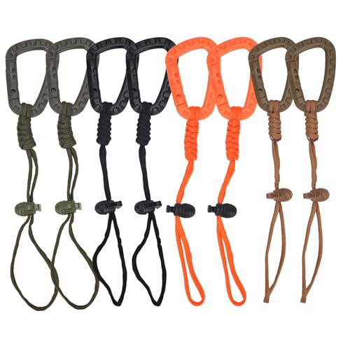 HeXueLy Tactical Gear Clips 4-Pack with Nylon Cord Heavy Duty Plastic Carabiner Keychain for Backpacks Molle Systems Bags Hiking Camping - Secure D-Ring & Spring Snap Hooks