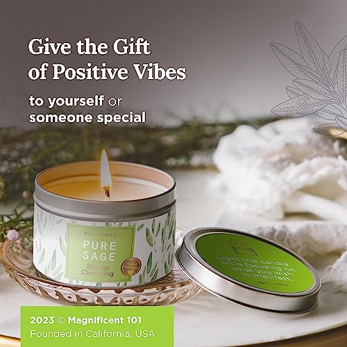 Magnificent 101 Long Lasting Pure Sage Smudge Candle | 6 Oz - 35 Hour Burn Time | All Natural & Organic Soy Wax Candle With Essential Oils For House Energy Cleansing, Aromatherapy & Manifestation #TOP5