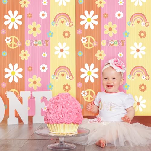 Image of WovWeave 2 Pack Groovy Party Decoration 3.3 x 6.6 ft Groovy Foil Fringe Backdrop Orange Yellow Pink Tinsel Curtains Hippie Boho Photo Booth Props for Retro Boho Hippie Birthday Party Decor