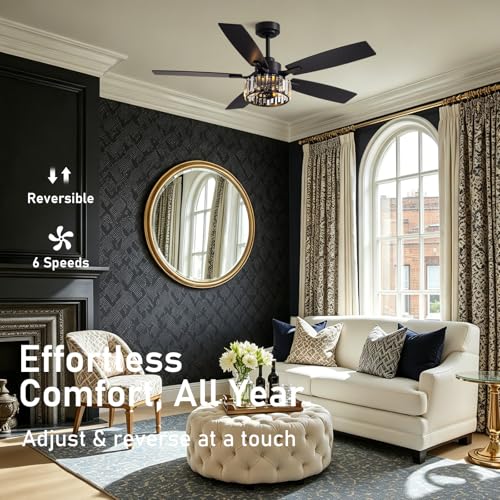 Image of 52 inch Crystal Fandelier Ceiling Fan with LED Lights, Chandelier Ceiling Fan with Remote and APP Control, Reversible Ceiling Fan for Indoor, Used in Bedroom, Living Room, Pation